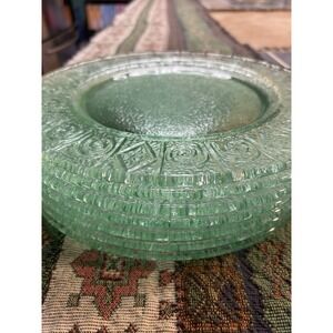 Set 7 VTG Green Depression Glass Salad Plates Swirl Geometric Rim Pressed Glass